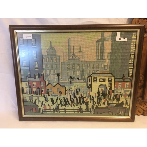 417 - WOOD LEAF FRAMED MIRROR & A TAPESTRY LOWRY STYLE PICTURE