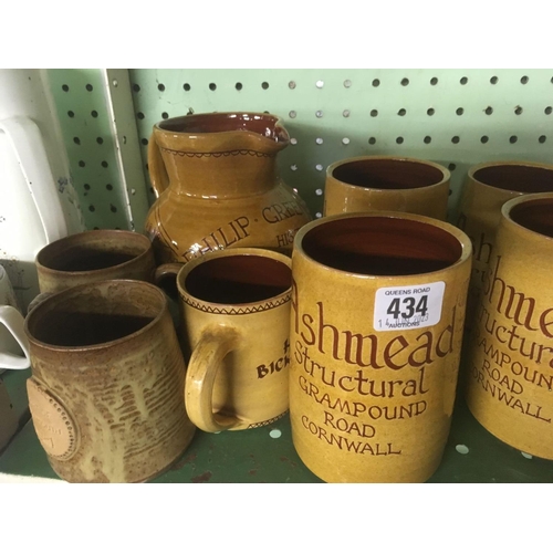 434 - 1 SHELF OF POTTERY MUGS & JUGS