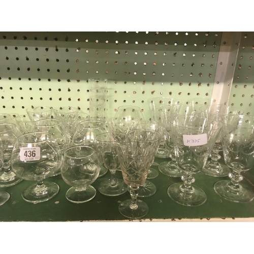 436 - SHELF OF BRANDY GLASSES, GOBLETS ETC