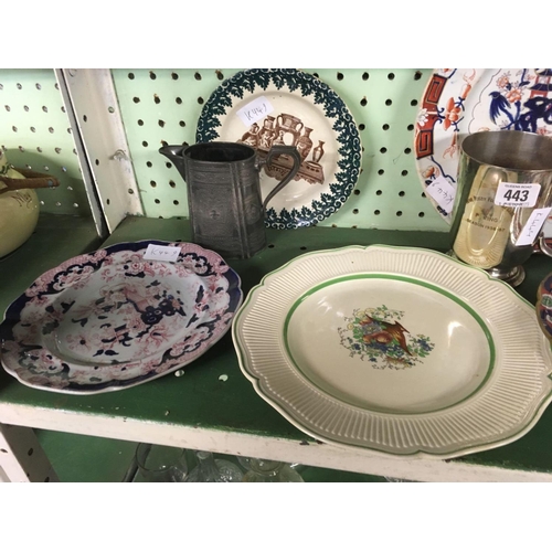 443 - SHELF OF TANKARDS & DECORATIVE PLATES