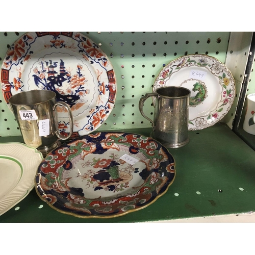 443 - SHELF OF TANKARDS & DECORATIVE PLATES