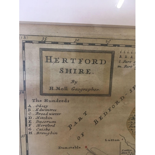 506 - AN ANTIQUE HAND COLOURED MAP OF HERTFORDSHIRE BY HERMAN MOLL, 1724 POSS. FIRST EDITION, COMPLETE WIT... 