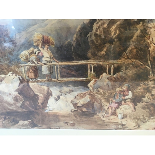 513 - 19THC ENGLISH WATERCOLOUR OF FIGURES ON A BRIDGE OVER RIVER RAPIDS, WITH CORN STOOKS AND CHILDREN BY... 