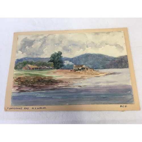 533 - FOLDER CONTAINING AN AUSTRALIAN WATERCOLOUR OF BATEMAN'S BAY, NEW SOUTH WALES INITIALLED MCD, TOGETH... 