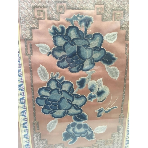 536 - OLD ORIENTAL EMBROIDERED SILK TEXTILE OF FLOWERS IN FINE DETAIL, 27 X 15''