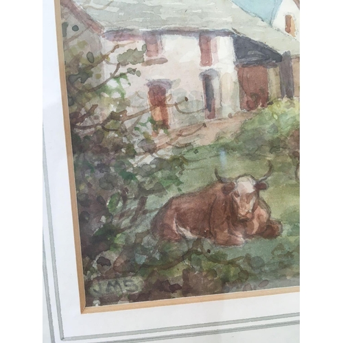 552 - ENGLISH WATERCOLOUR C1900 OF CATTLE RESTING IN A FARMYARD WITH HAYRICKS AND TREES BEYOND, SIGNED WIT... 