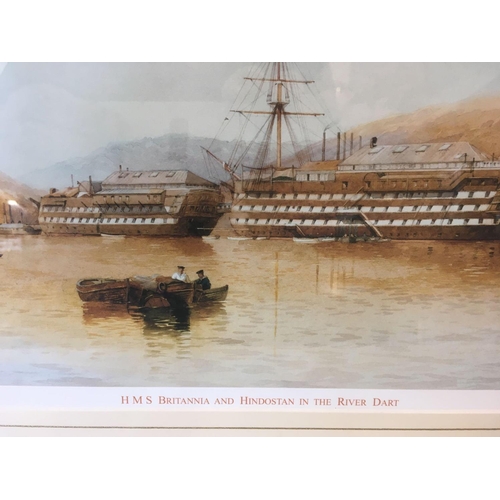 560 - COLOUR PRINT OF HMS BRITANNIA AND HINDUSTAN IN THE RIVER DART, COLOUR PRINT AFTER C S FOTHERGILL, PA... 