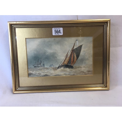 564 - GOOD VICTORIAN WATERCOLOUR OF A SAILING VESSELS IN CHOPPY SEAS, SIGNED F J COLLINS, POSSIBLY FREDERI... 