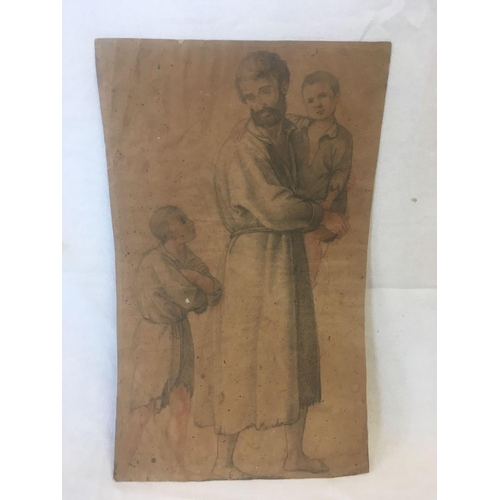 566 - 18THC DRAWING, PENCIL & WATERCOLOUR, OF FATHER WITH HIS CHILDREN, UNFRAMED  15'' X 9''