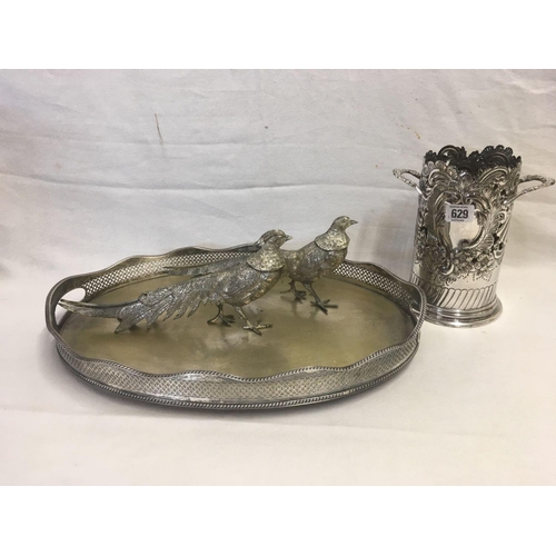 629 - PLATED TRAY, BOTTLE HOLDER & TWO PHEASANTS