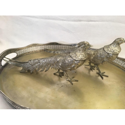 629 - PLATED TRAY, BOTTLE HOLDER & TWO PHEASANTS