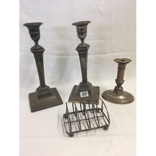 632 - PAIR OF OLD SHEFFIELD PLATED CANDLESTICKS PLUS ONE, PLUS TOAST RACK