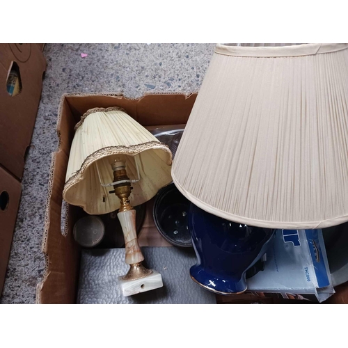 66 - CARTON WITH A HANDY BLOW LAMP, PEWTER TRAY, 2 LAMP BASES & SHADES, PEWTER TIN, POSTAL SCALES & MISC ... 