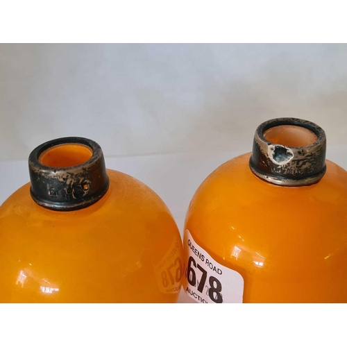 678 - 2 ORANGE SCENT BOTTLES WITH SILVER RIMS, TOPS MISSING A/F