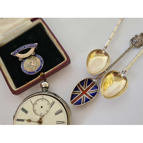 724 - SILVER CASED POCKET WATCH, A SILVER & ENAMEL LONG SERVICE AWARD, 2 CHINESE SILVER COMMEMORATIVE SPOO... 