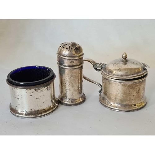 739 - BAG WITH SMALL SILVER PEPPER, MUSTARD POT & A SALT WITH B.G.L'S, TOTAL WEIGHT OF SILVER 63g