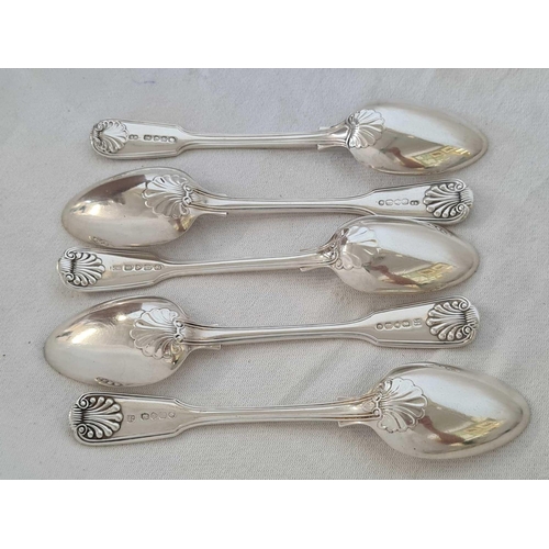 796 - SET OF 5 SILVER FIDDLE PATTERN & HELL PATTERNED DESSERT SPOONS, LONDON 1863, 340g