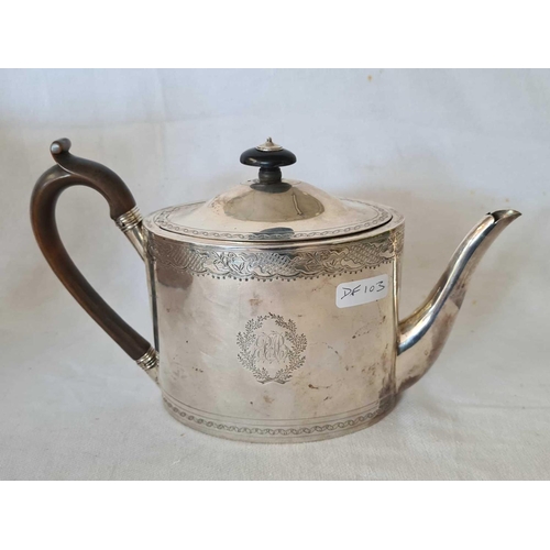 832 - GEORGE III SILVER DECORATED & MONOGRAMMED TEA POT, LONDON 1799 BY J EAMES, 432g