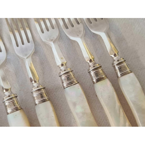 836 - SET OF 12 MOP HANDLED DESSERT FORKS WITH SILVER BANDING, SHEFFIELD 1907