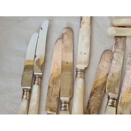 842 - 12 MOTHER OF PEARL HANDLED KNIVES WITH SILVER BANDING, SHEFFIELD 1908 & 5 SMALL MOP HANDLED TEA KNIV... 