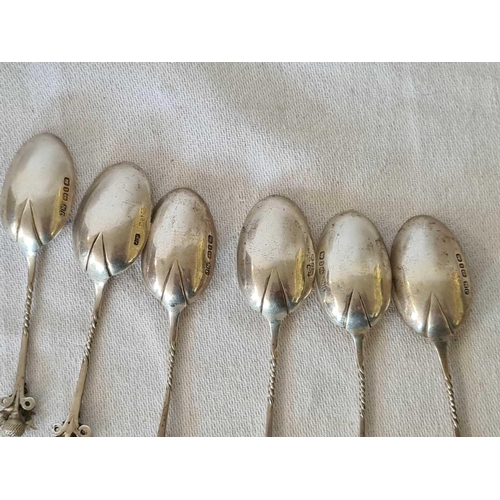 846 - SILVER SET OF 6 SPOONS WITH GILDED BOWL & THISTLE DECOR, B'HAM 1893, 75g