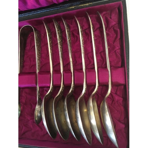 862 - CASED SET OF TEA SPOONS WITH SUGAR TONGS