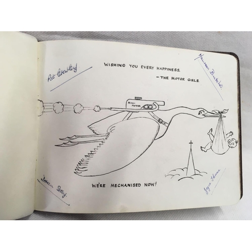 870 - RETIREMENT BOOKLET WITH STAFF SIGNATURES FROM THE GUARDIAN & A CARTOON FROM THE MOTOR GIRLS