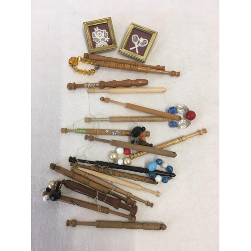 894 - BAG OF MISC LACE BOBBINS, SOME OF ROYAL INTEREST