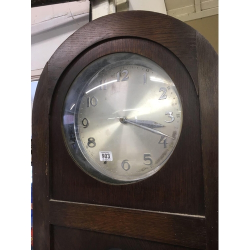 903 - MODERN OAK LONG CASED CLOCK WITH WESTMINSTER CHIME, MISSING DRIVE WEIGHTS