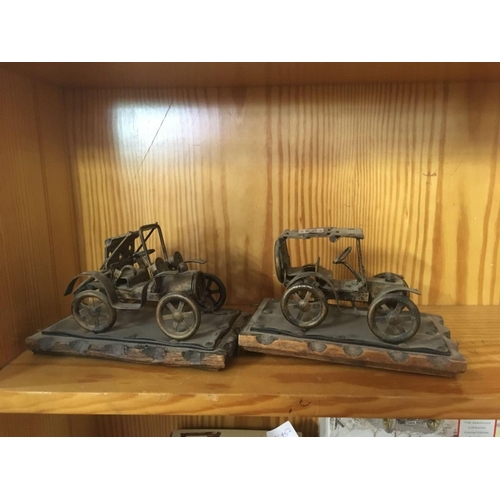 942 - 2 VINTAGE NOVELTY CARS ON WOOD BASES