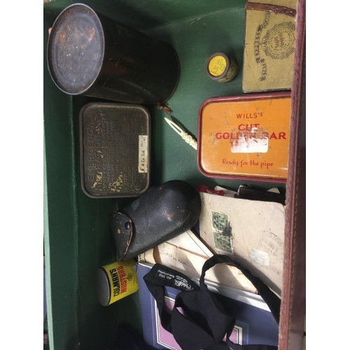 944 - SMALL LEATHER SUITCASE WITH MISC MILITARY EPHEMERA INCL; A COLMAN'S MUSTARD TIN, MILITARY MARKED SUG... 