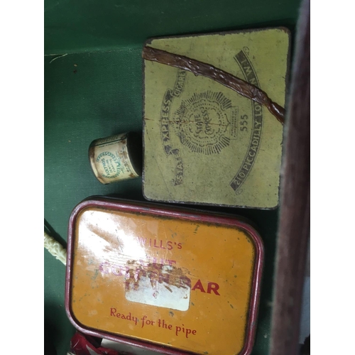 944 - SMALL LEATHER SUITCASE WITH MISC MILITARY EPHEMERA INCL; A COLMAN'S MUSTARD TIN, MILITARY MARKED SUG... 