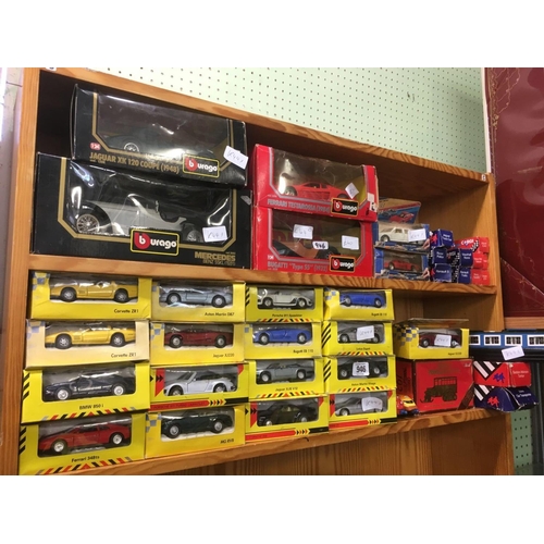 946 - 2 SHELVES OF MISC BOXED CARS FROM THE SPORTS CAR COLLECTION, BURAGO MATCHBOX MODELS OF YESTERYEAR, A... 