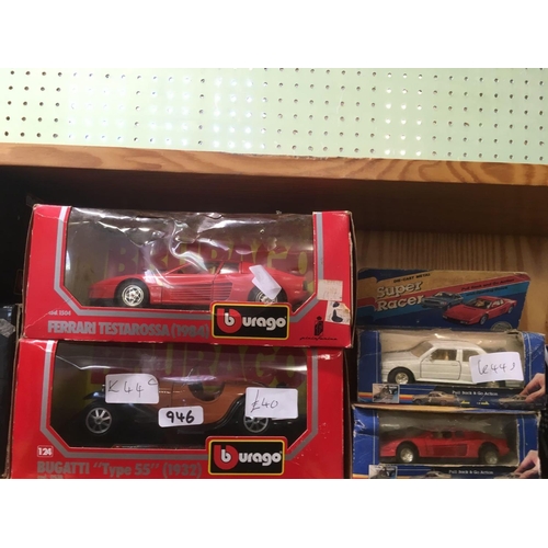 946 - 2 SHELVES OF MISC BOXED CARS FROM THE SPORTS CAR COLLECTION, BURAGO MATCHBOX MODELS OF YESTERYEAR, A... 