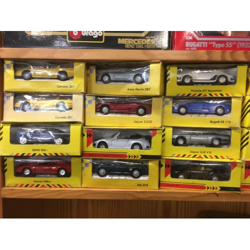 946 - 2 SHELVES OF MISC BOXED CARS FROM THE SPORTS CAR COLLECTION, BURAGO MATCHBOX MODELS OF YESTERYEAR, A... 