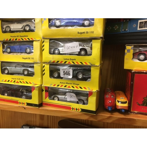 946 - 2 SHELVES OF MISC BOXED CARS FROM THE SPORTS CAR COLLECTION, BURAGO MATCHBOX MODELS OF YESTERYEAR, A... 