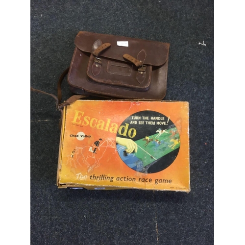 949 - VINTAGE ESCALADO HORSE RACING GAME & A CHILD'S LEATHER SCHOOL SATCHEL, A/F