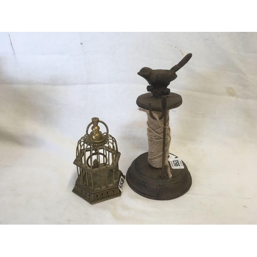 953 - VINTAGE CAST IRON STRING HOLDER & A BRASS NOVELTY BIRD CAGE