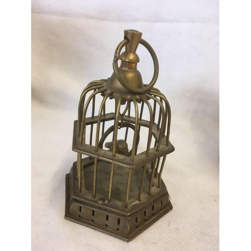 953 - VINTAGE CAST IRON STRING HOLDER & A BRASS NOVELTY BIRD CAGE