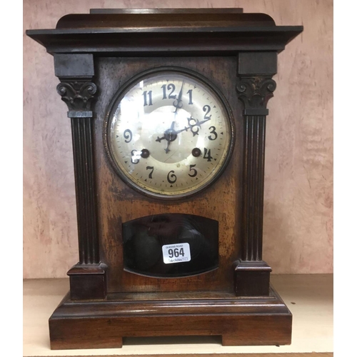 964 - ORNATE WOOD FRAME MANTEL CLOCK WITH PENDANT SHOWING