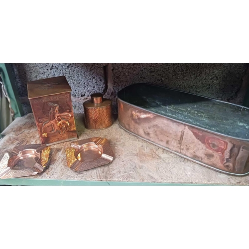 11 - QTY OF COPPER PANS, ASHTRAYS, TEA CADDY, COPPER SKIMMER & A TROUGH & COPPER TOAST FORK