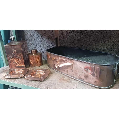 11 - QTY OF COPPER PANS, ASHTRAYS, TEA CADDY, COPPER SKIMMER & A TROUGH & COPPER TOAST FORK