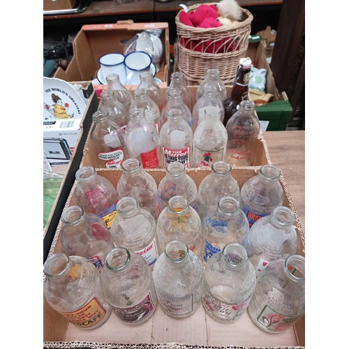 118 - 2 SMALL CARTONS OF MISC GLASSWARE, ADVERTISING GLASS MILK BOTTLES