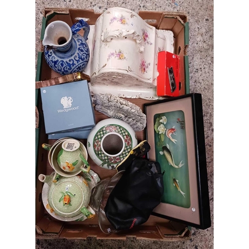 119 - CARTON WITH GRINDLEY TEA POT, CUPS, SAUCERS, A CHEESE DISH, WEDGWOOD PIN DISHES, BLUE JUG, TRAVEL IR... 