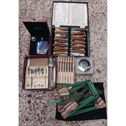 13 - CASED SET OF HORN HANDLED STEAK KNIVES & FORKS, A ROYAL SELANGOR, PEWTER HIP FLASK, PLATED KNIVES & ... 