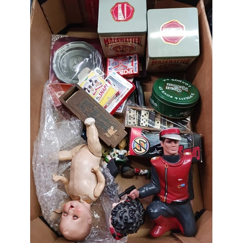 138 - CARTON OF MISC TOYS & GAMES, A DOLL, DENNIS THE MENACE, MISC TINS