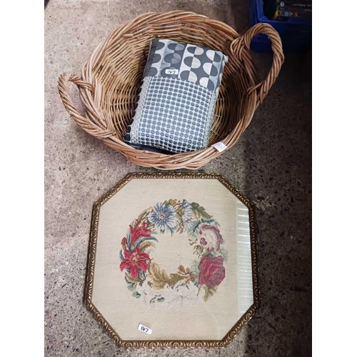 147 - GILT FRAMED TRIPLE DRESSING TABLE MIRROR, WICKER BASKET & CUSHION, FRAMED WOOL WORK PICTURE & A GILT... 