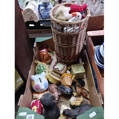 148 - CARTON WITH WICKER BASKET OF CHILDREN'S SOFT TOYS, CHINA MONEY BOXES, ANIMAL FIGURINES & A BOSSON HE... 