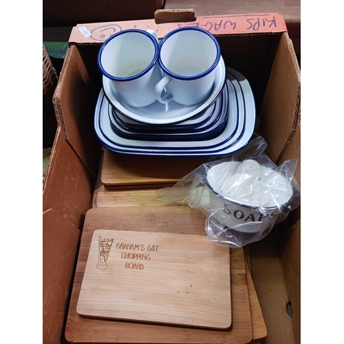 149 - CARTON WITH ENAMEL DISHES, MUGS, SOAP DISH WITH SOAPS & WOODEN CHOPPING BOARDS