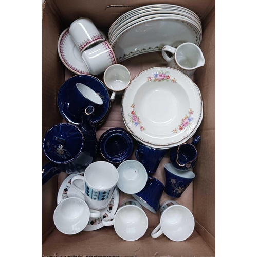 19 - CARTON WITH MISC CHINAWARE INCL; BLUE & GOLD COFFEE SET, ROYAL ADDERLEY COFFEE CANS & OTHER CHINA